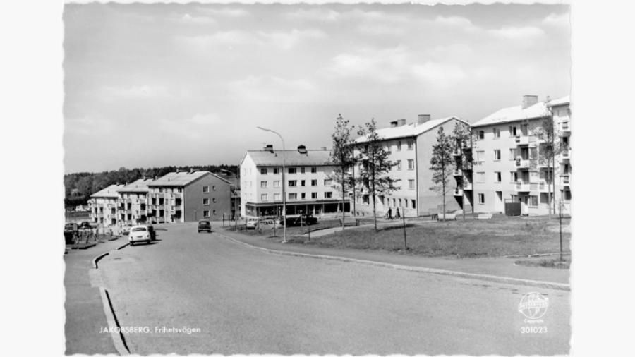 Jakobsberg. Frihetsvägen från öster. Vasavägen i bakgrunden. Fotoår: 1960-talet, fotograf: Svenska Pressbyrån